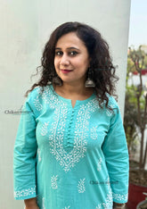 Meera Cotton Chikankari Kurti - Turquoise blue